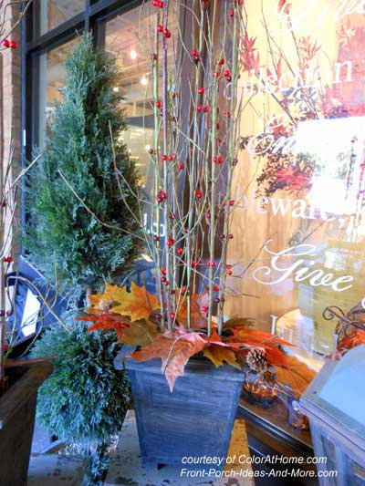 autumn decoration of branches with berries and colorful leaves