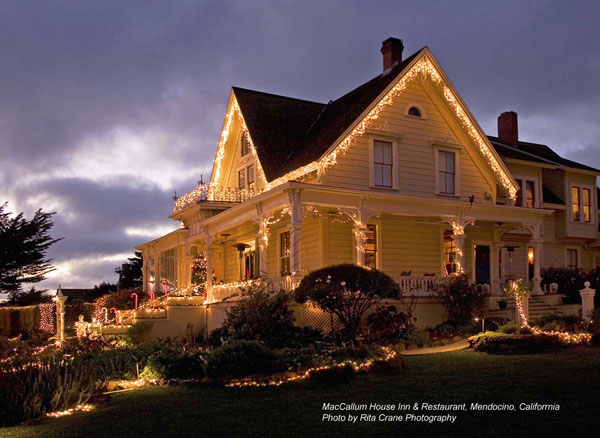 Christmas lights on MacCallum House Inn & Restaurant; photo by Rita Crane Photography