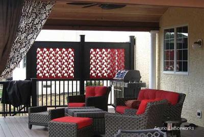 red lattice privacy panel on porch